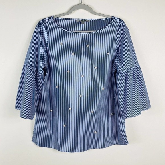 Valerie Stevens Size Small Striped Bell Sleeve Pearl Detail Blouse Top Blue - Picture 2 of 6